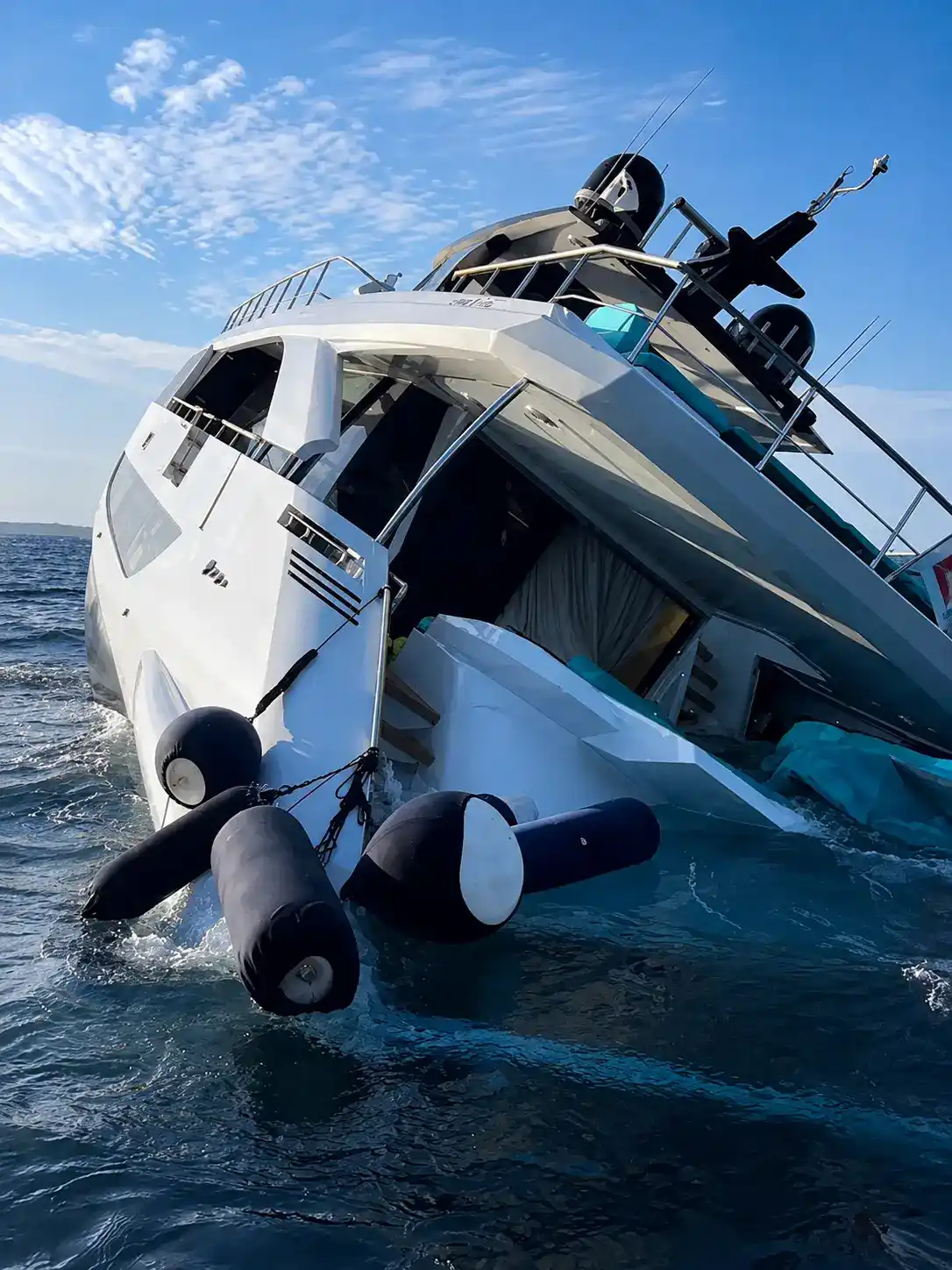 Superyacht Angiola II inclinato e in fase di affondamento al largo della Sardegna