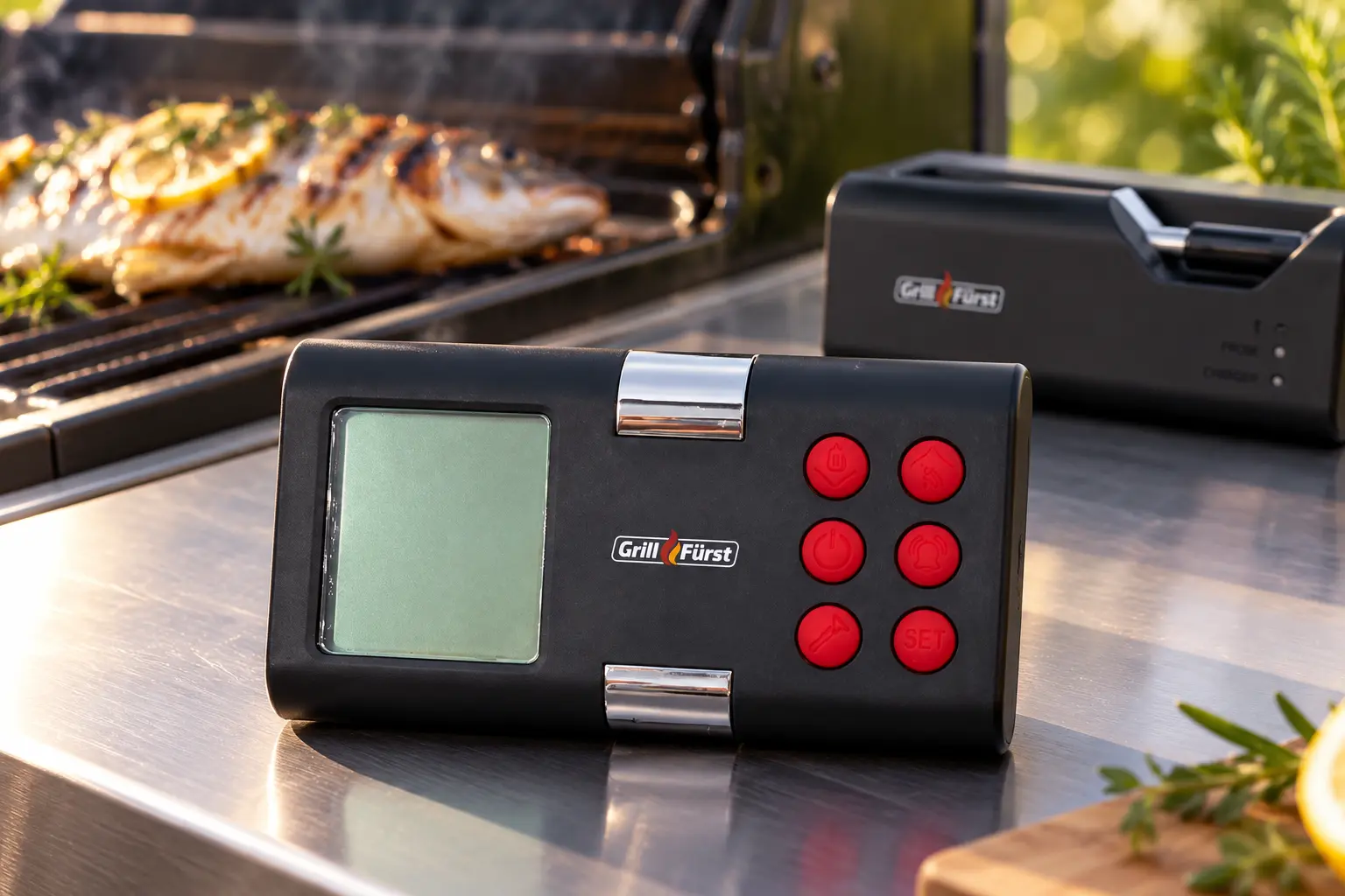 Funk-Grillthermometer im Einsatz neben einem Grill