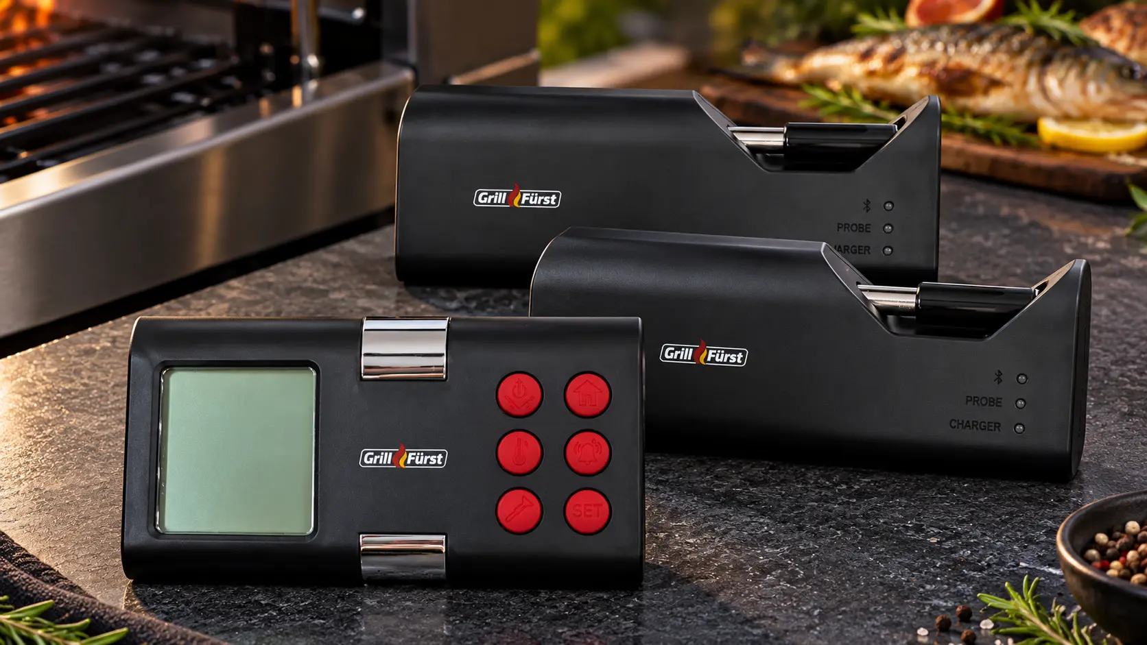 Funk-Grillthermometer mit Empfänger und zwei kabellosen Sonden am Grill